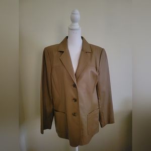 Tablots Tan Leather 3 Button V Neck Jacket - Size 14